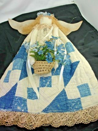 Handcrafted Flower Angel Doll From Blue Antique Quilt,  Wall Hanging,  19 In.