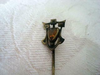 Vintage Antique Art Nouveau Brass Lapel Stick Pin With Amber Glass Stone