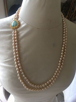 Vintage Joan Rivers Champagne Faux 30 In Double Pearl Necklace Interchange Clasp
