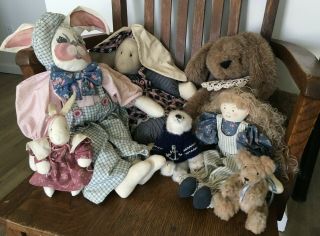7 Vintage Items Handmade Dolls Bears Floppy Eared Rabbits Sloth