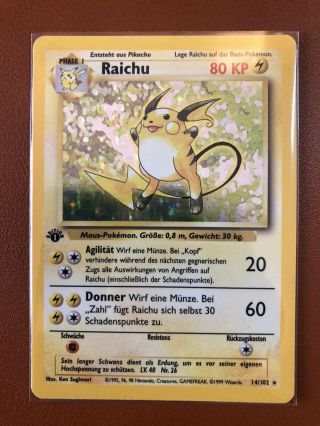 Rare German Pokemon Card Raichu Holo 1st Edition Base Set 11/102 Near Psa