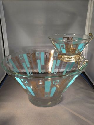 Vintage Mcm Glass Chip And Dip 3 Piece Set Glass Bowl " Rare Turquoise Gold "