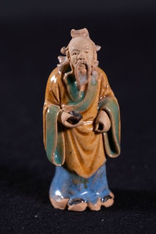 Antique Shiwan Clay Glazed Pottery Chinese Figurine Mud Man Mudmen Holding Pipe