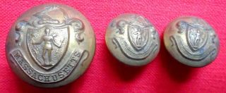Antique Massachusetts Military 3 Buttons Scovill Mfg.  Co.  Waterbury " Neat "