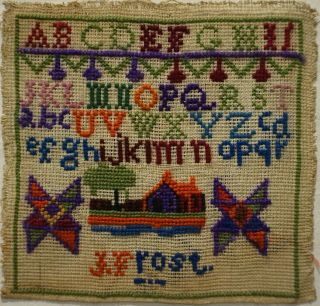 Small Late 19th Century Motif & Alphabet Sampler By J.  Frost - C.  1885