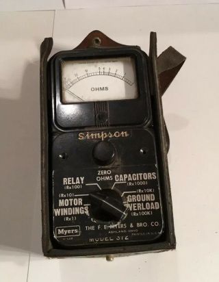 Vintage Simpson Ohms Meter,  Model 372,  Rare,  From The F.  E.  Myers & Bro.  Co.