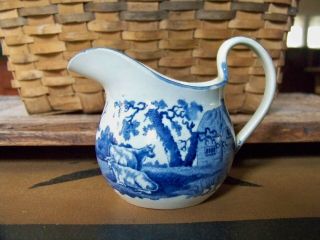 Small Early Unmarked Antique Scenic Blue Transferware Staffordshire Pitcher