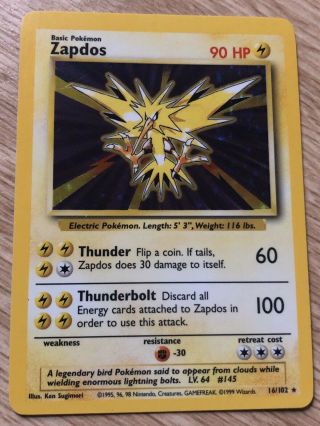 ⚡️ZAPDOS⚡️ 16/102 Pokemon Card 1st Base Set Unlimited Holo Rare NEAR 2
