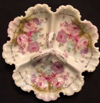 Antique Royal Crown Chantilly Rose Hand Painted Signed Candy Dish 3 Sect 8 1/4 "