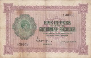 5 Rupees Fine Banknote From British Colony Of Seychelles 1942 Pick - 8 Very Rare