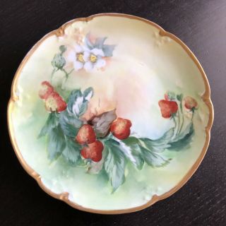 Vintage Antique French Porcelain Plate Gilt Gold Rim Strawberries Art Nr