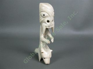 Rare Inuit Carved Antler Bone Polar Bear Seal 6 " Figurine Ornate Tribal Carving