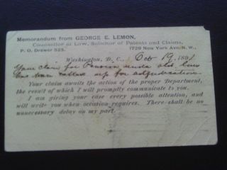 Rare 1891 Postcard Lawyer George E Lemon Patients & Claims Law Washington D.  C.