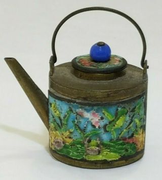 Antique Mini Brass Chinese Teapot Cloisonne/enamel Round With Blue Bead On Lid