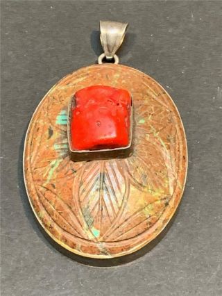 Giant Antique Chinese Sterling Silver,  Jasper And Coral Pendant - 87 Mm