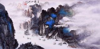 100 Asian Art Chinese Sansui Watercolor Painting - Boat&landscape View