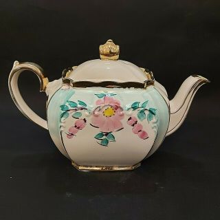 Rare Sadler Cube Teapot England Ivory Gold Trim Hand Painted Pink Roses 2531