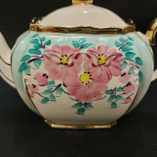 RARE Sadler Cube Teapot England Ivory Gold Trim HAND PAINTED Pink Roses 2531 2