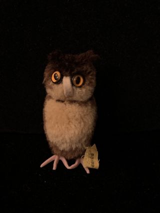 Vintage Miniature Steiff Pom Pom Woolie Owl W/button & Tag Smallest Size