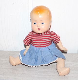 Vintage Composition Doll 9 " Molded Hair Painted Eyes Mouth Red And Blue Dress
