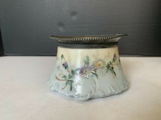 Antique Victorian Hand Painted Milk Glass Dresser Jar With Metal Rim