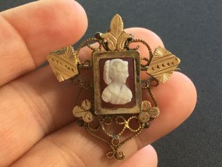 Antique Victorian Gold Filled Hard Stone Cameo Pin Brooch