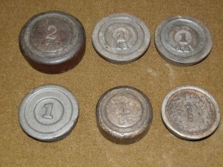 Six One & Twp Pound Antique Vintage Cast Iron Scale Weights