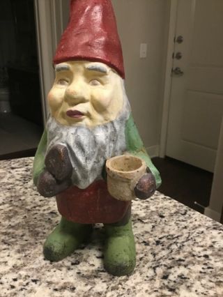 Rare Antique Cast Iron Painted Garden Gnome Male Elf With 12 " Mythical