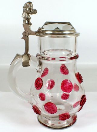 Rare Antique Theresienthal German Crystal Pewter Beer Stein Applied Pink Glass