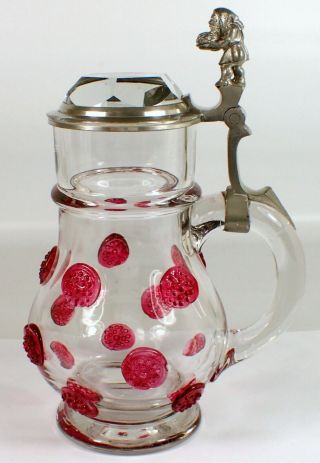 RARE Antique Theresienthal German Crystal Pewter Beer Stein Applied Pink Glass 2