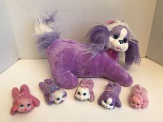 Vintage Hasbro Puppy Surprise Purple Dog With 5 Puppies Babies Plush 1991 Barks