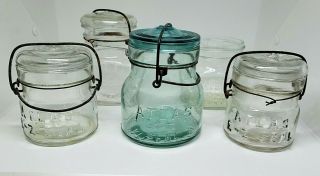 (5) Antique Atlas Jars E - Z Seal Pint Special Mason Good Luck Clover Glass Lids