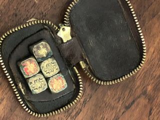 Rare Vintage Mini Solid Brass Dice Set Of 5 In Small Leather Zipper Case