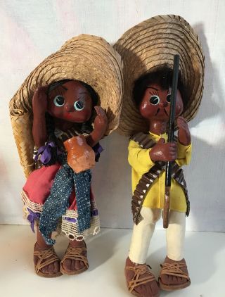 Vtg Mexican Handmade Dolls Mexico Souvenir Folk Art Man & Woman Baby Couple 50s