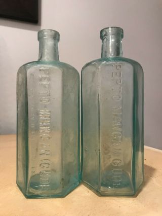 2 Antique Variants Pepto Mangan Gude Bottles,  Blown,  Heart Medicine,  Glass