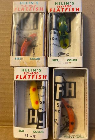 4 Helin Flatfish Vintage Fishing Lures F5 Fr (2) Or Ye W/ Box & Papers