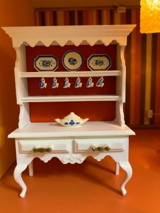 Vintage And Rare Lundby White China Cabinet Miniature Furniture Doll House Hutch