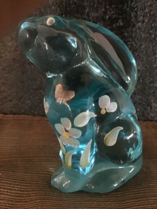 Rare Fenton Hand Painted Art Glass Blue Bunny Rabbit " Butterfly Kisses " Signed