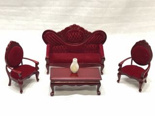 Miniature Victorian Couch,  2 Chairs And Coffee Table Dollhouse 1:12 Scale