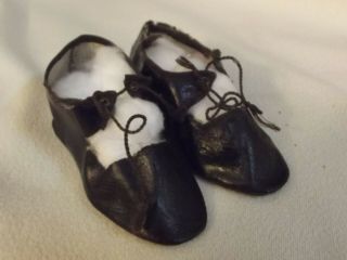 7 Antique French Style Oil Cloth Tie Front Doll Shoes W/ Leather Soles