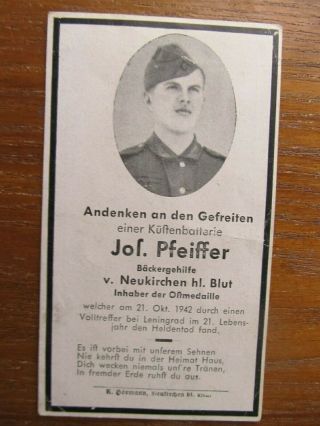 Rare Wwii German Death Card,  Kia " From Direct Shell Hit ",  Leningrad,  Pfeiffer