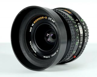 Minolta MD 35mm F/2.  8 Rokkor - X Lens With Lens Shade.  Rare 2