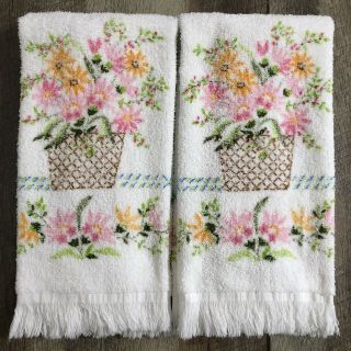2 Vintage Lady Pepperell Floral Basket Hand Towels Multi - Color Cotton Blend Usa