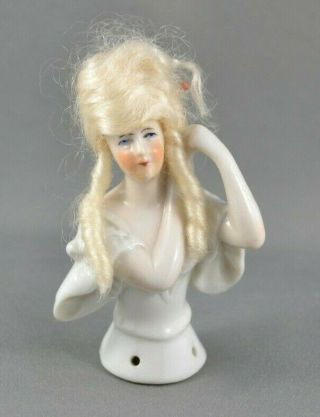 Antique German Porcelain Art Deco Half Doll Pincushion With Real Hair Wig - Nr