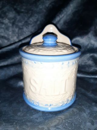 Antique Blue Salt Glaze Hanging Salt Box W/lid Blue & White Primitive Farmhouse