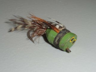 Vintage Fishing Lure Wooden Fly Rod Size Popper Green With Feathers Painted Eyes