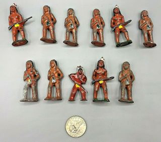 (11) Antique Vintage Painted Lead Metal Indians Toy Soldiers Warriors 3 " Tall