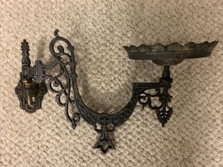 Vtg/antique Black Cast Iron Oil Lamp Holder Swing Arm Style With Wall Bracket