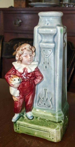 Antique German Majolica Boy With Rabbit Figural Candlestick Holder 19th Century