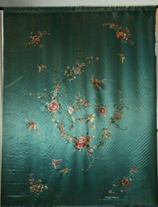 Huge Vintage Mid 20thc Chinese Silk Embroidery Flowers Birds Butterflies 70 "
